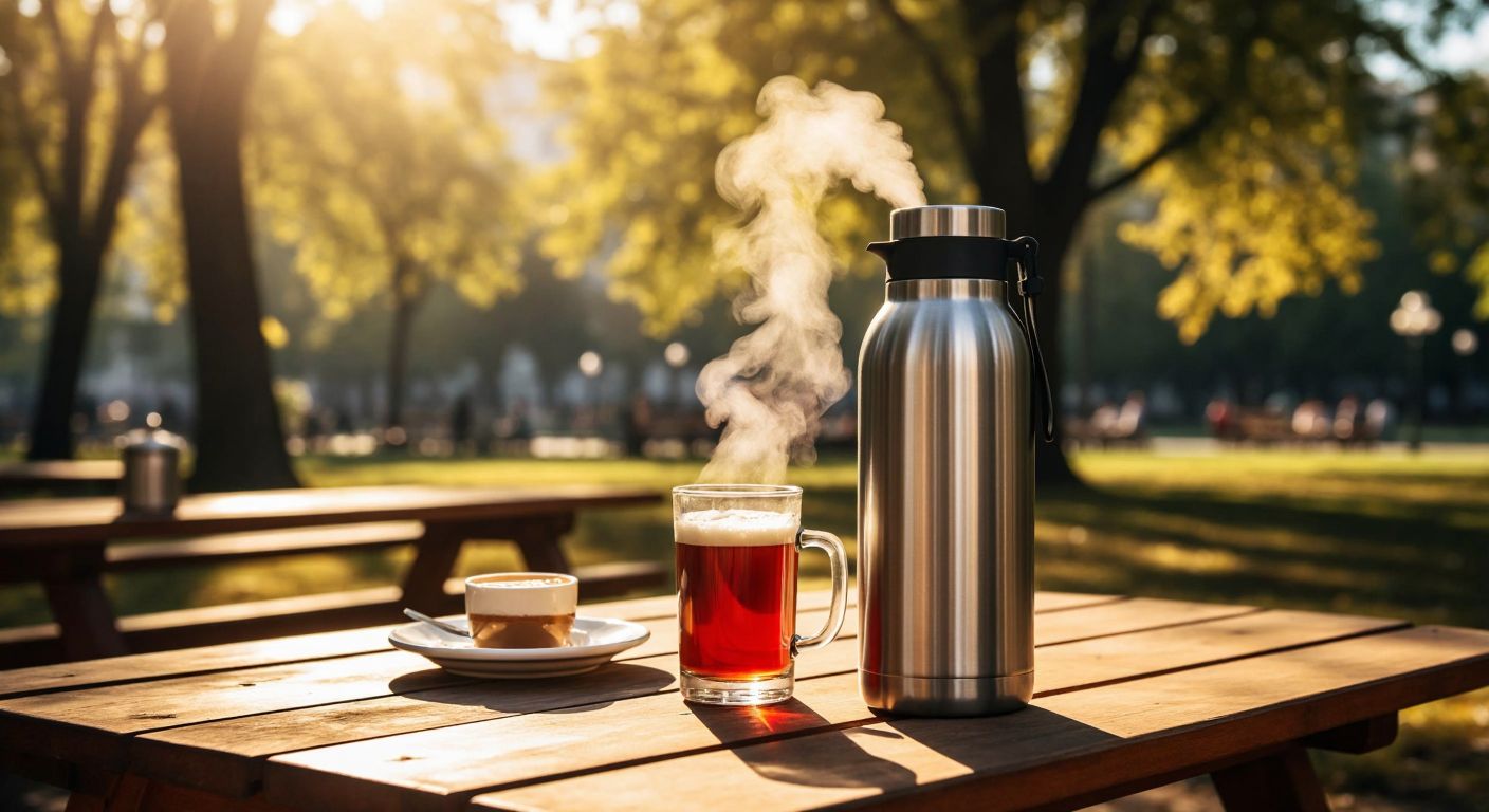 A sleek stainless steel double-lidded thermos sits on a wooden picnic table in a sunny Turkish park, with steam rising from one spout and condensation dripping from the other, surrounded by a glass of hot çay and a chilled glass of ayran.