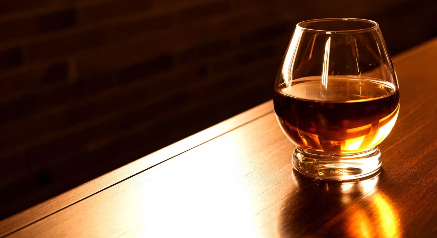 A golden-hued glass of Dimple whisky resting on a polished wooden bar, with warm amber light reflecting off its surface, evoking a rich and aged spirit.