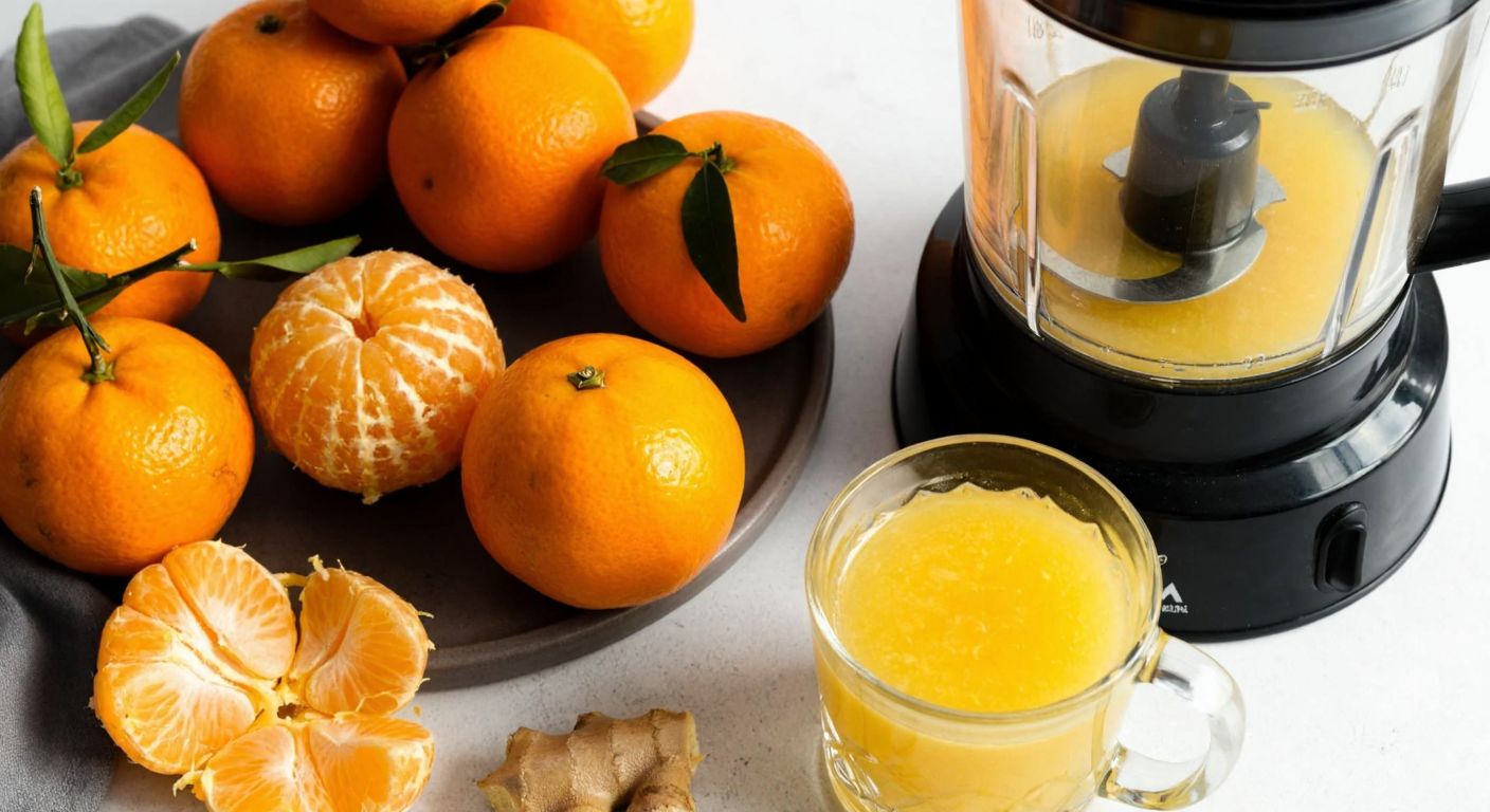 A vibrant Turkish kitchen countertop with freshly peeled mandarins and oranges, a steaming cup of citrus tea with honey, and a small glass of golden ginger shot next to a blender filled with bright orange pulp.