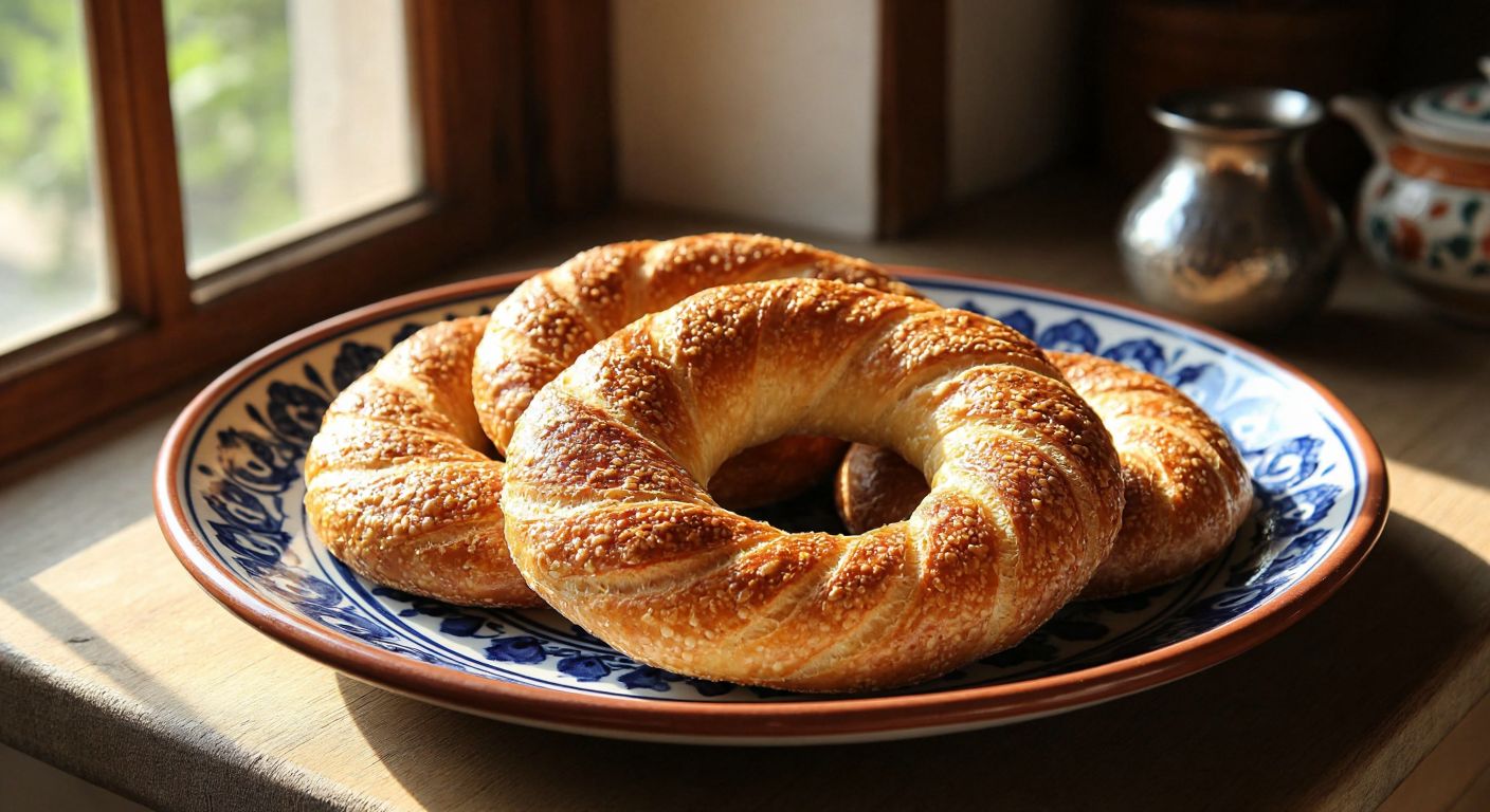 A golden-brown, crispy Konya Gevreği resting on a traditional Turkish ceramic plate, surrounded by warm sunlight in a rustic Konya kitchen, evoking a sense of homely comfort and regional pride.