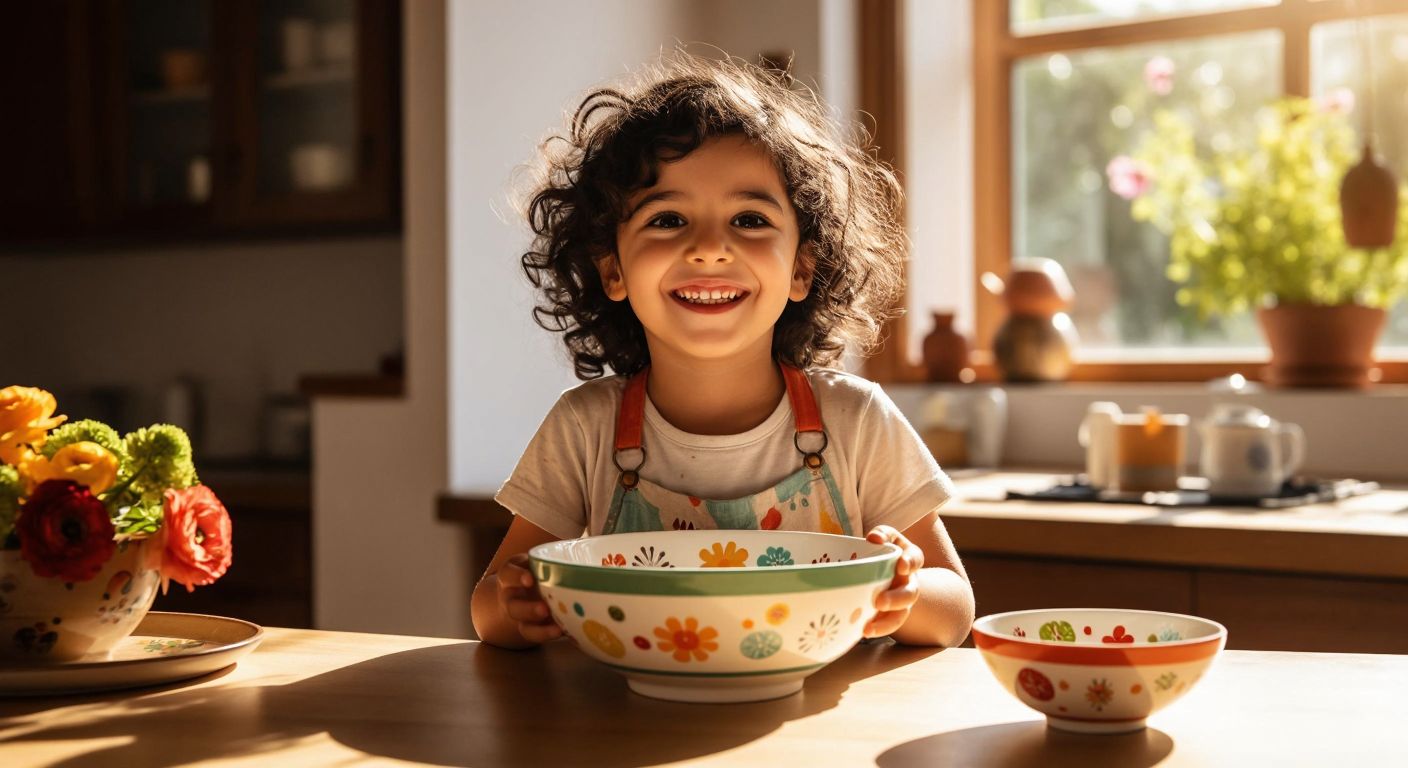 A cheerful Turkish child with dark curly hair smiles while holding a colorful Paşabahçe ceramic bowl decorated with playful patterns, sitting at a sunlit kitchen table with other child-friendly tableware.