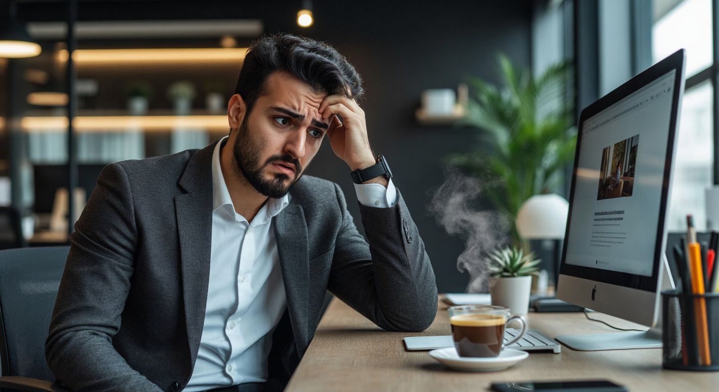 A confused Turkish businessman in a modern office setting scratching his head while looking at a computer screen displaying a blurred advertisement, with a steaming cup of Turkish coffee on his desk.