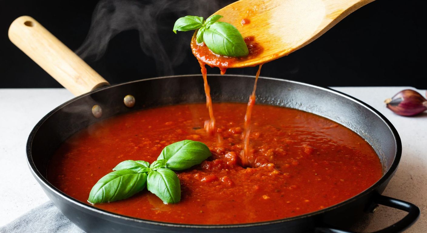 A rustic Turkish kitchen with a steaming pot of rich red tomato sauce, fresh green basil leaves being sprinkled in, and a wooden spoon resting on the edge, evoking warmth and aromatic flavor.