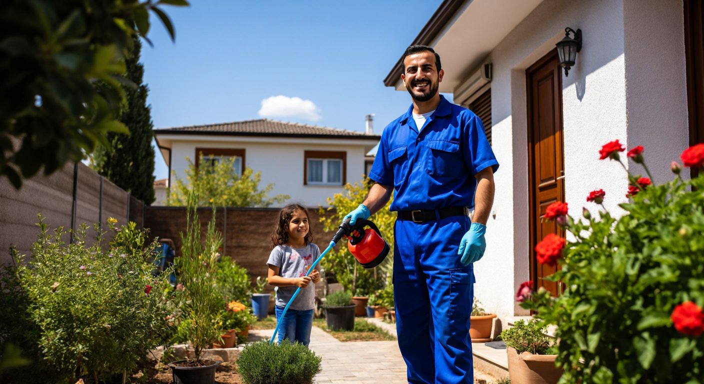 A smiling Turkish pest control worker in a blue uniform sprays a house’s exterior while a relieved family watches from a tidy garden in İzmir.
