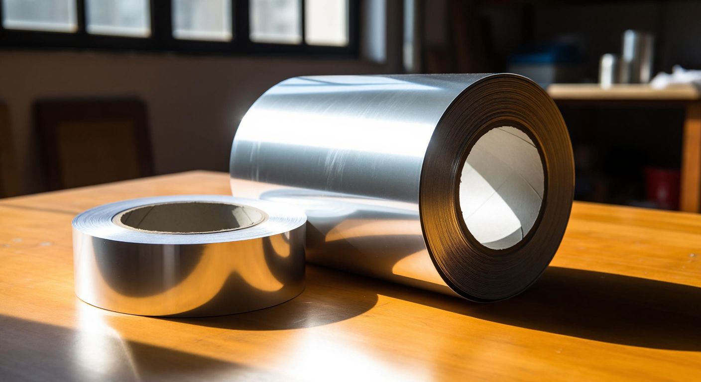 A shiny roll of aluminum foil and a roll of adhesive tape with a metallic strip sit side by side on a wooden table in a Turkish workshop, with sunlight reflecting off their surfaces.