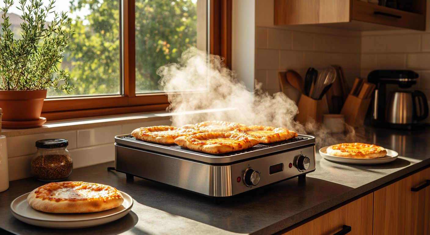 A sleek silver toaster grill sits on a Turkish kitchen counter, its warm plates pressing golden, crispy bread with melted cheese oozing slightly, while steam rises and sunlight streams through a nearby window.