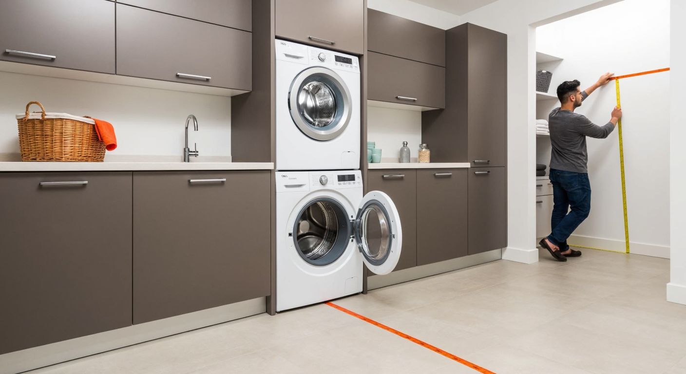 A spacious Turkish laundry room with a large XXL washing machine placed in a corner, its open door revealing a drum, while a person measures the surrounding area with a tape, ensuring proper fit.