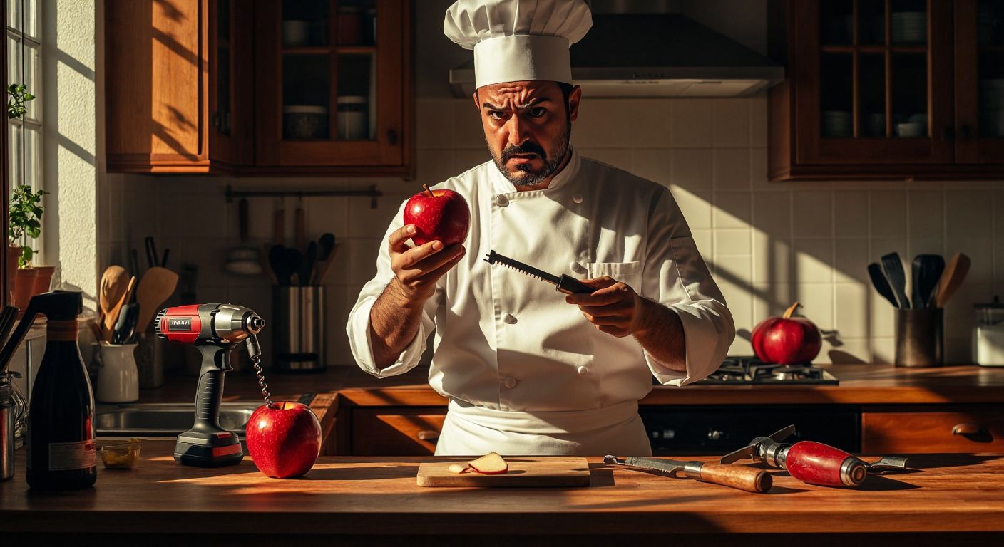 A confused Turkish chef in a sunlit kitchen holds a corkscrew and a shiny red apple, surrounded by unconventional peeling tools like a drill and a screwdriver on a wooden counter.