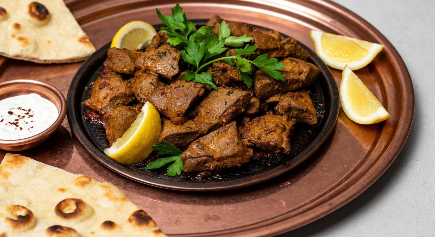 A sizzling golden-brown lamb liver dish served on a traditional Turkish copper plate, garnished with fresh parsley and lemon wedges, surrounded by warm flatbread and a small bowl of sumac.