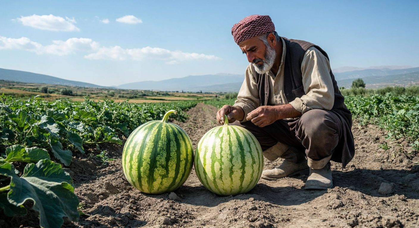 A sunlit Turkish field with two ripe watermelons side by side—one with a thick stem and veined belly (grafted), the other with a thin stem and smooth round belly (ungrafted)—while a farmer in traditional clothing examines them with curiosity.