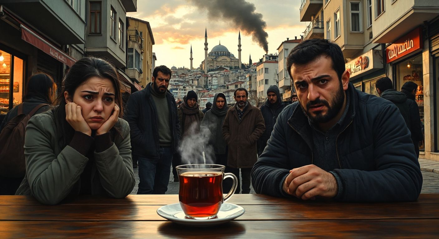 A tense group of people in a Turkish cityscape pause mid-action, their faces alert and anxious, as a faint tremor shakes a cup of steaming çay on a wooden table.