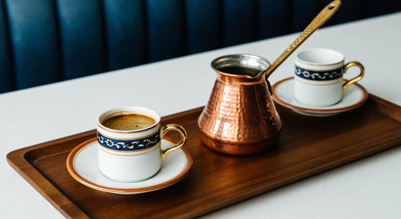 A traditional Turkish coffee set with two small porcelain cups and matching saucers, placed on a wooden tray beside a copper cezve, evoking warmth and hospitality.