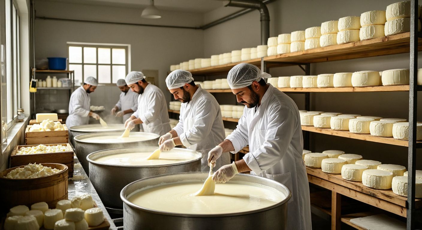 A bustling Turkish dairy workshop with workers in white coats and hairnets carefully inspecting fresh milk, stirring large vats of curdling cheese, and stacking golden rounds of peynir on wooden shelves in a spotless, sunlit room.