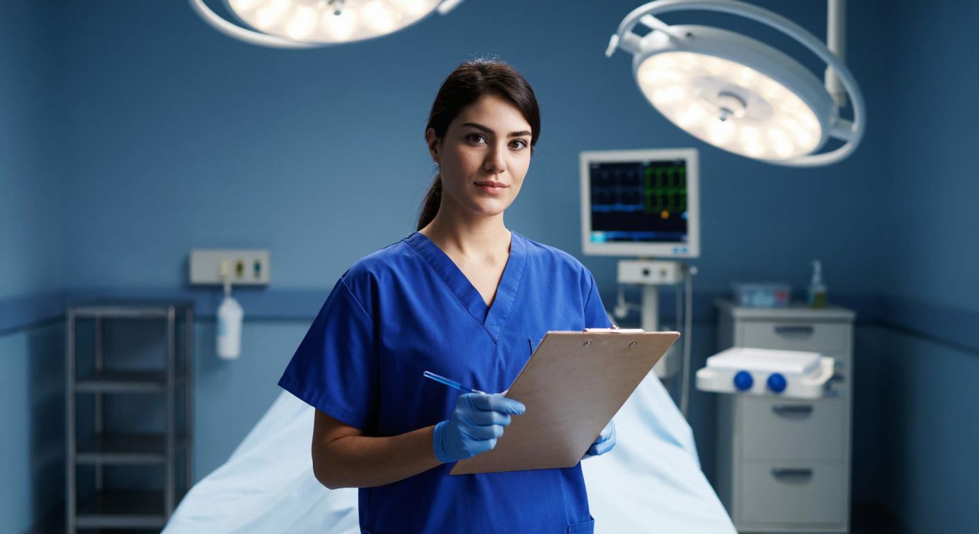 A focused Turkish nurse in blue scrubs stands in a bright, sterile operating room, holding a clipboard with a confident expression while surgical tools and monitors gleam in the background.