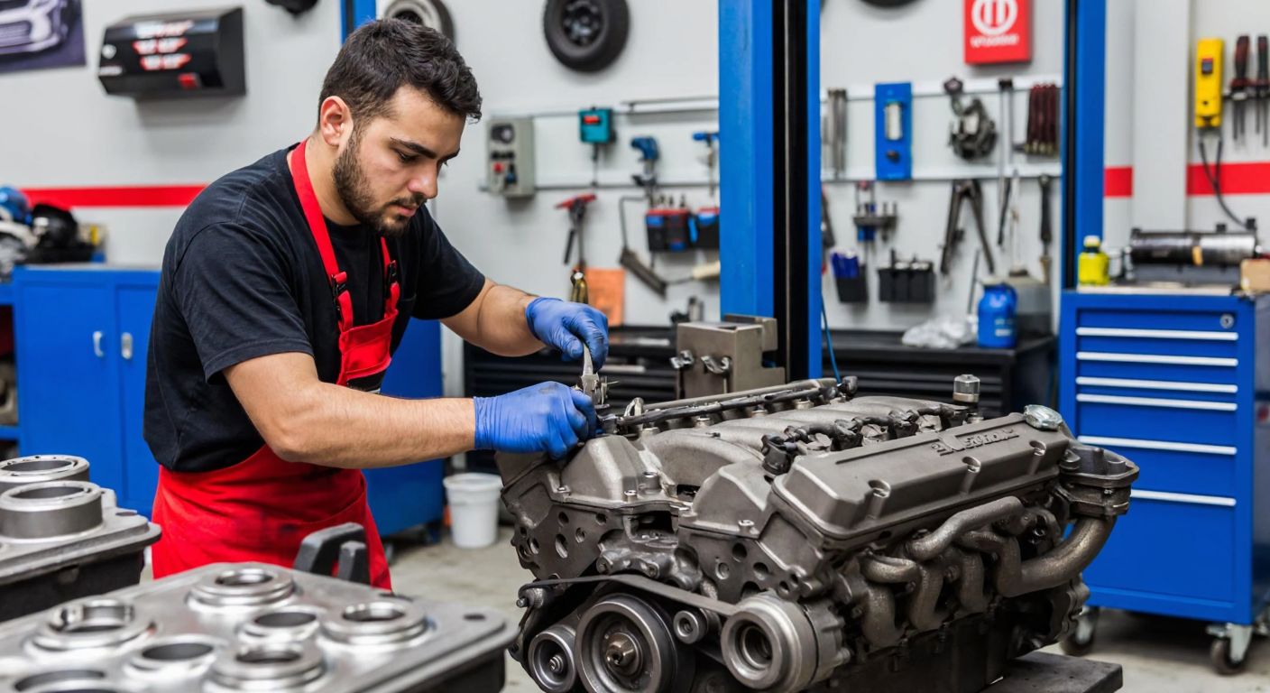 A skilled mechanic in a modern Turkish auto repair shop carefully refurbishing a car engine with precision tools, surrounded by gleaming metal parts and franchise-branded equipment.