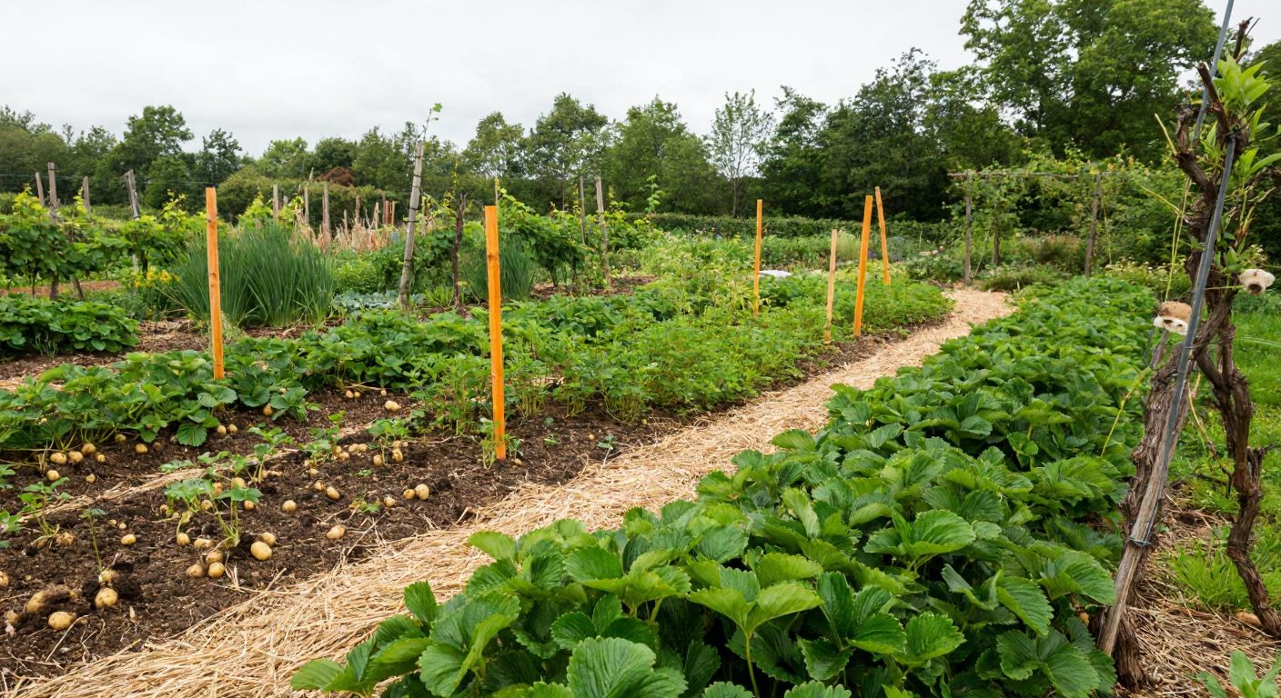 A vibrant garden scene with strawberry runners creeping along the soil, grapevines being grafted, and orange branches layered into the earth, surrounded by sprouting potatoes, onions, and ginger rhizomes.