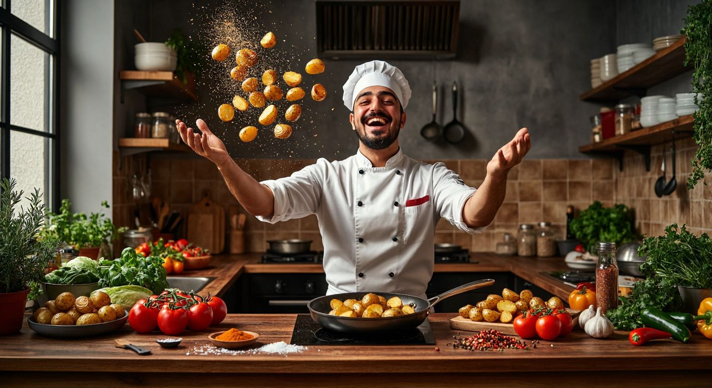 A cheerful Turkish chef in a bustling kitchen, playfully tossing golden-brown roasted potatoes in a pan while colorful vegetables and spices sit on a wooden counter nearby.