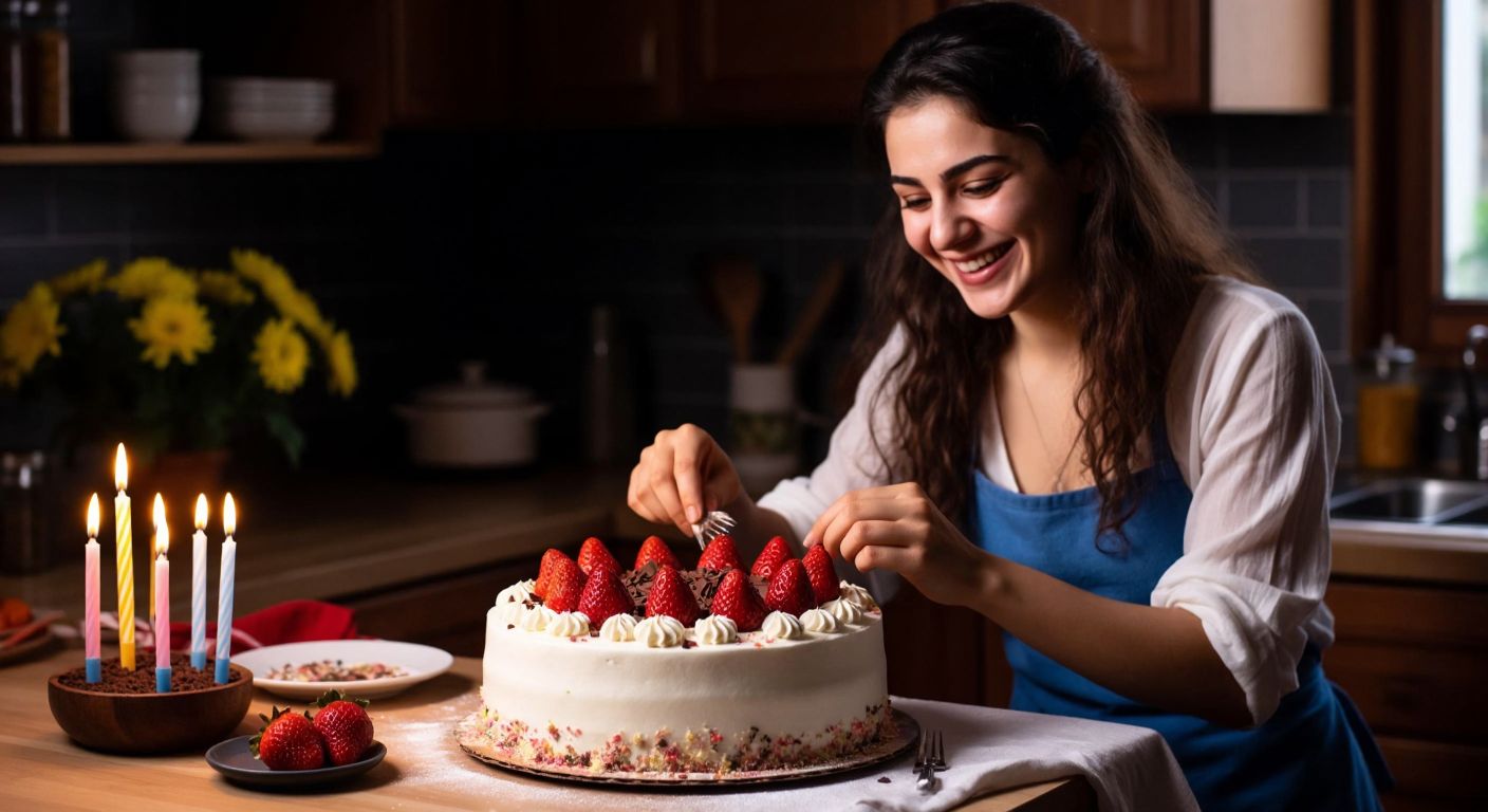 A smiling Turkish woman in a cozy kitchen decorates a fluffy pandispanya cake with whipped cream, fresh strawberries, and chocolate shavings, while a colorful birthday candle sits nearby.