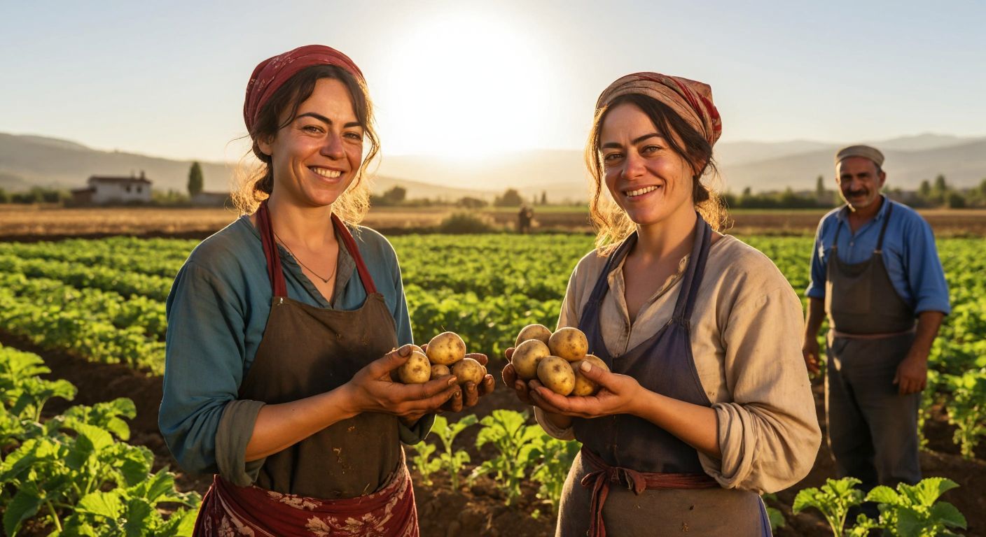 A smiling Demet Evgar stands in a sunlit field in Hatay, holding freshly harvested potatoes, while a local farmer in traditional attire gestures warmly toward thriving crops.