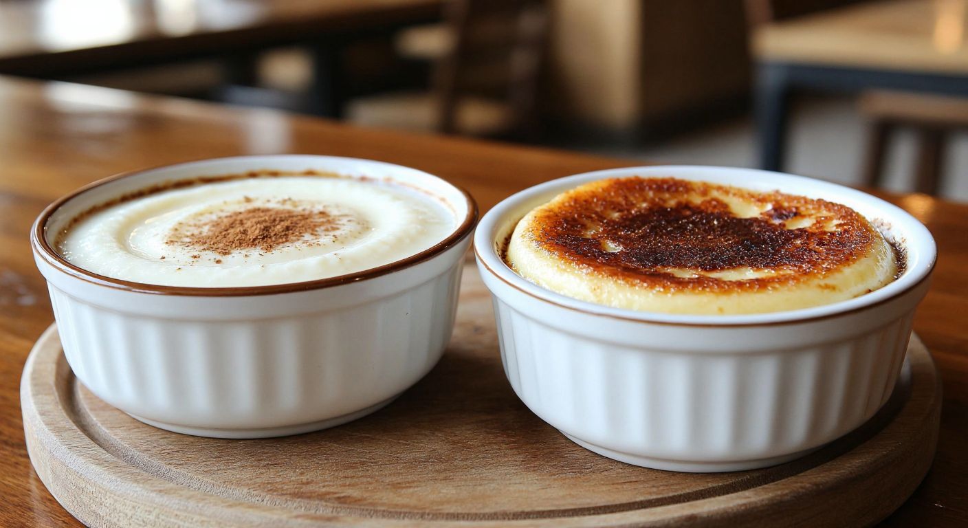 A warm Turkish kitchen with two porcelain bowls side by side—one holding creamy white sütlaç sprinkled with cinnamon, the other showcasing golden-brown kazandibi with its caramelized bottom.