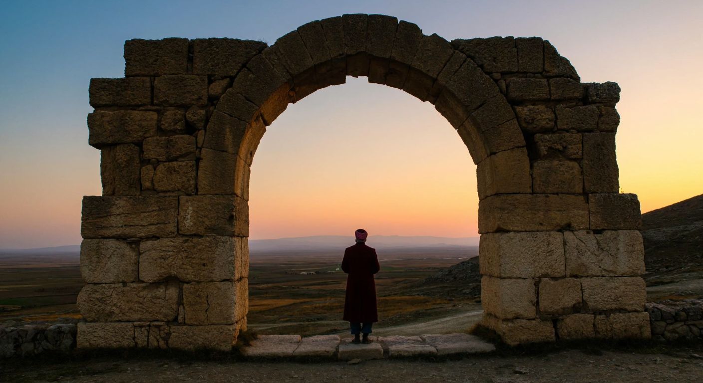 A weathered stone archway in an ancient Anatolian landscape, with a lone figure in traditional Turkish clothing gazing thoughtfully at the horizon under a fading sunset.