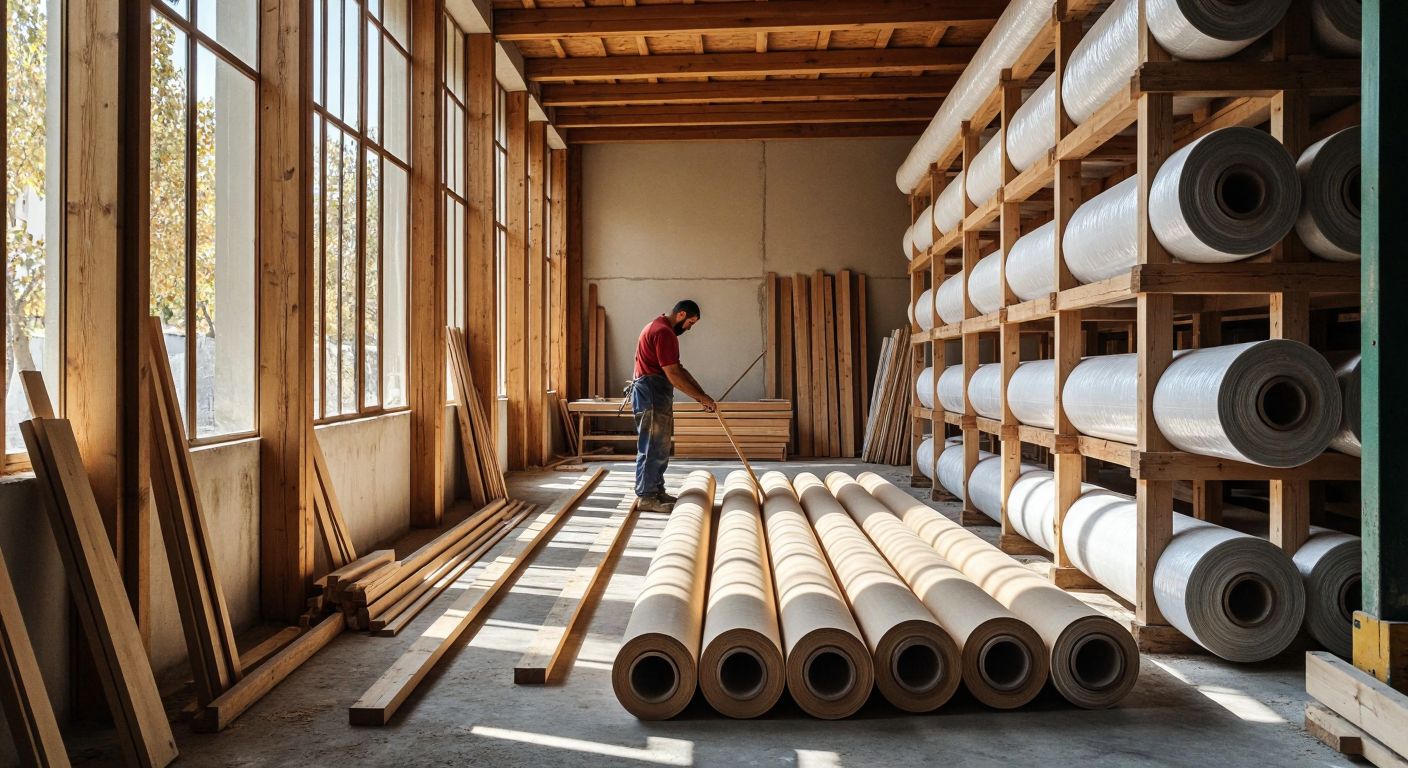 A craftsman in a sunlit Turkish workshop measures evenly spaced wooden beams (40-60 cm apart) for a facade, with rolls of insulation material (120 cm wide) neatly stacked nearby.