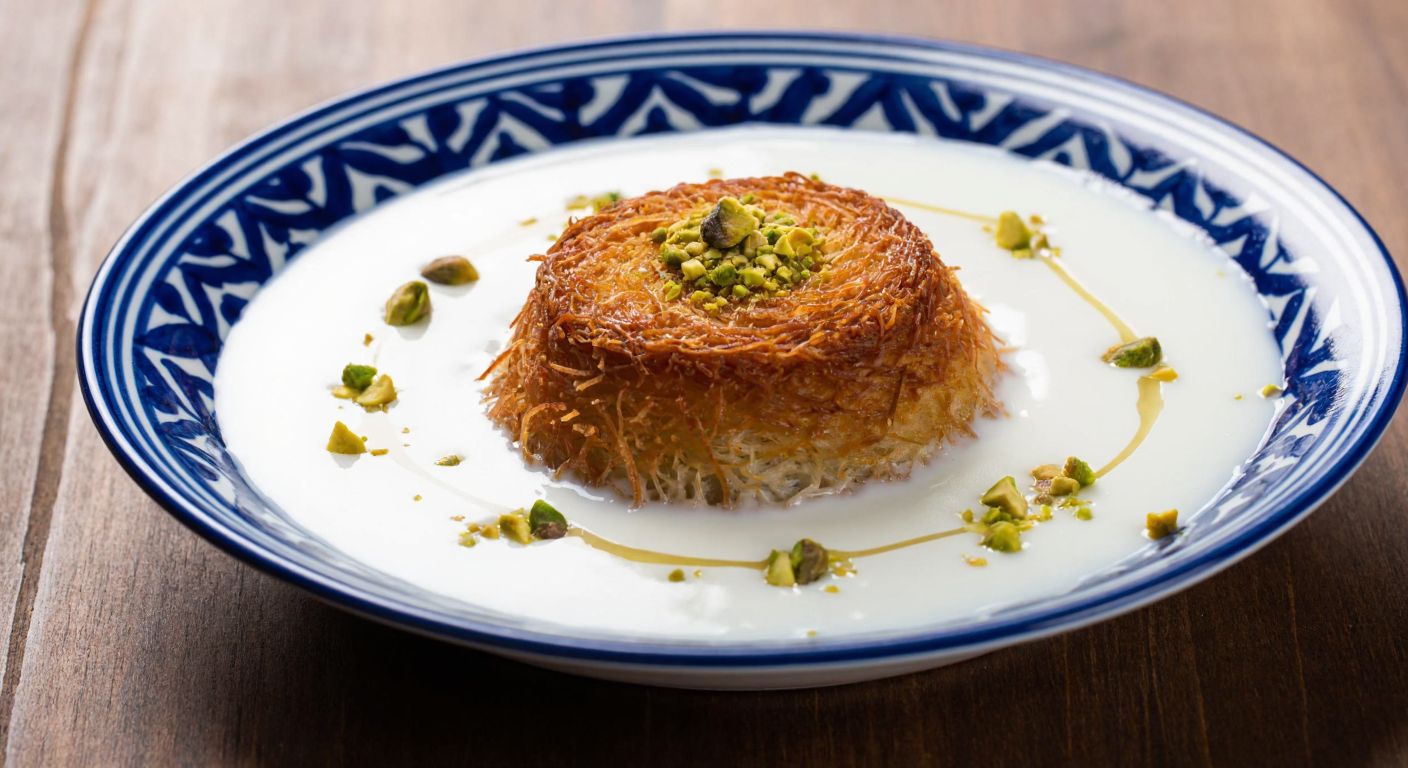 A golden-brown shredded pastry (kadayıf) soaked in creamy white milk, served on a traditional Turkish ceramic plate with a drizzle of syrup and crushed pistachios on top.