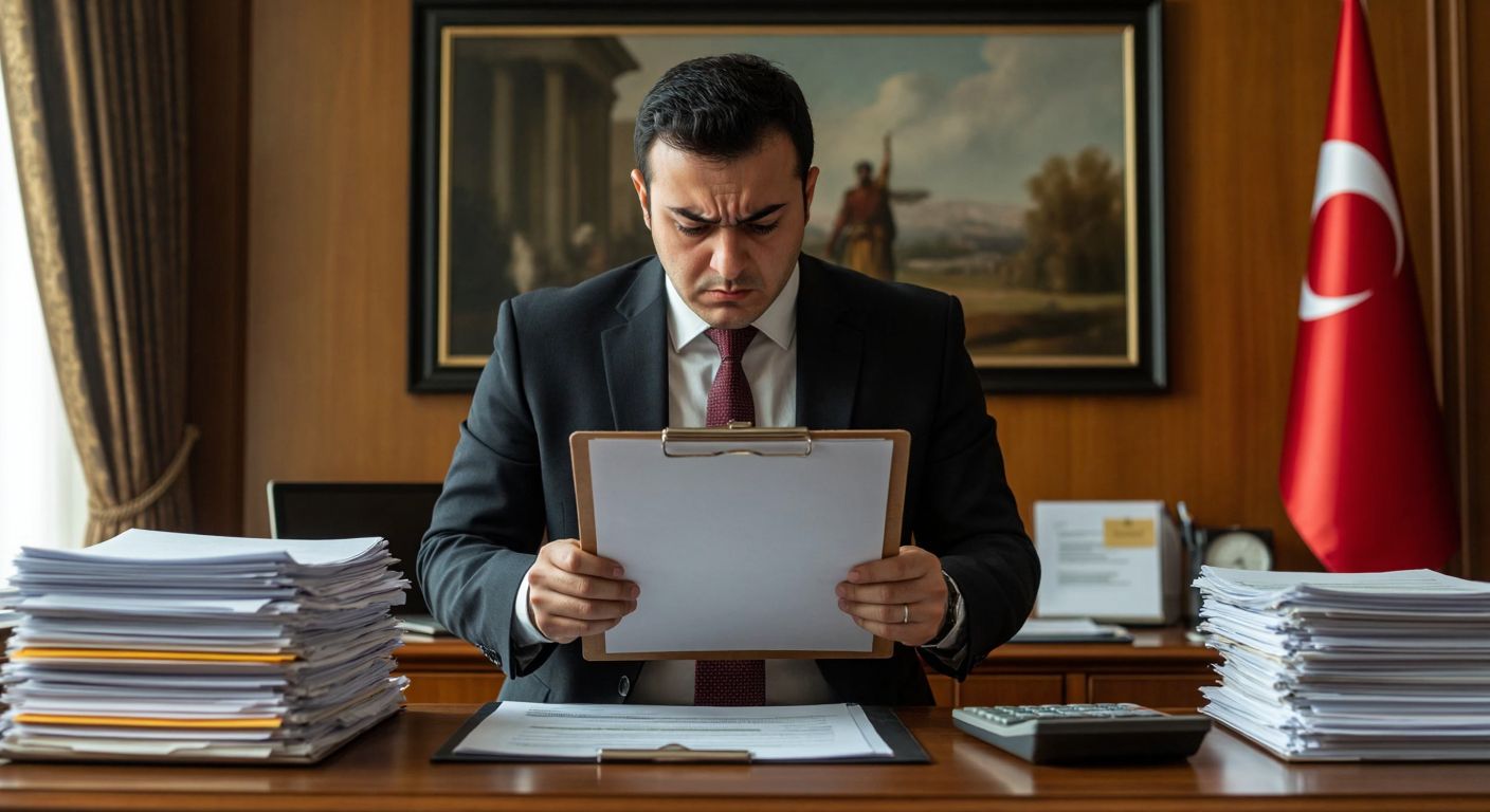 A Turkish economist in a formal office setting, frowning slightly while examining a clipboard with a blank sheet, surrounded by stacks of papers and a calculator, with a framed TÜİK logo on the wall.