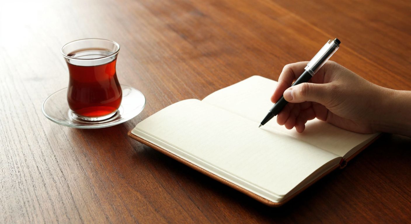 A hand holding a pen over a leather-bound notebook on a wooden table, with a steaming cup of Turkish tea beside it, evoking warmth and introspection.