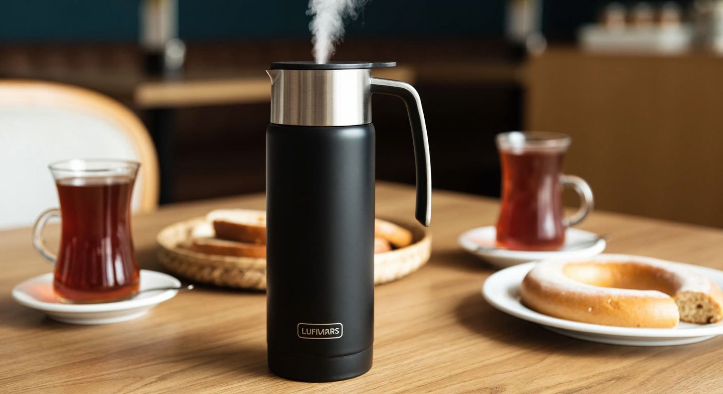 A sleek stainless steel thermos with a black matte finish sits on a wooden table in a cozy Turkish café, steam gently rising from its opening, surrounded by traditional tea glasses and a plate of simit.