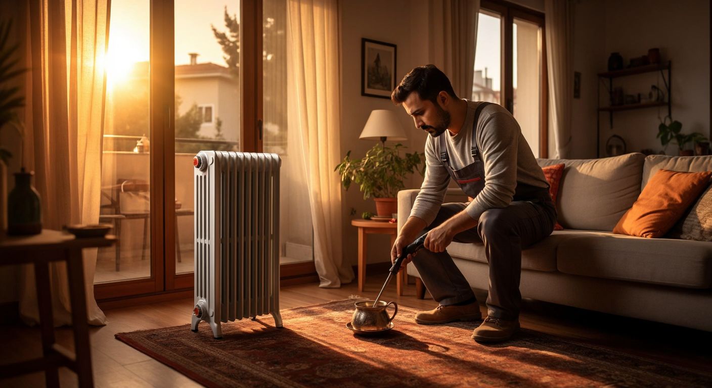 A sleek, modern oil-filled radiator standing in a cozy Turkish living room with warm light, while a technician in work clothes carefully inspects its sealed system with a tool.