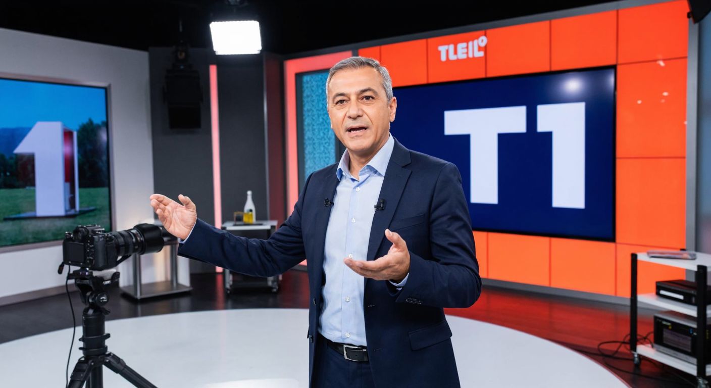 A confident middle-aged Turkish man in a suit stands in a modern TV studio, gesturing toward a large Tele1 logo on a screen behind him, surrounded by professional broadcasting equipment.