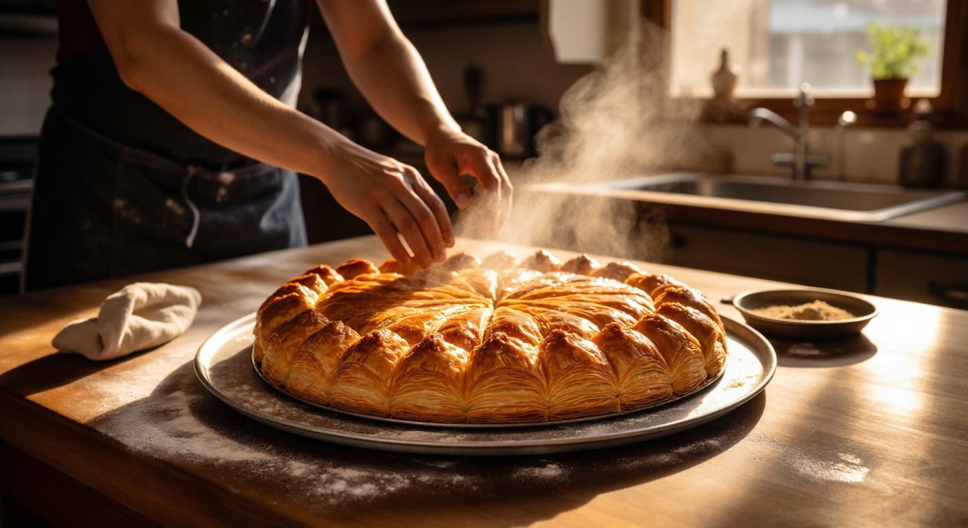 A golden-brown baklava sits on a round metal tray, fresh from the oven, surrounded by flour-dusted hands placing it on a wooden kitchen counter in a warm, sunlit Turkish home.