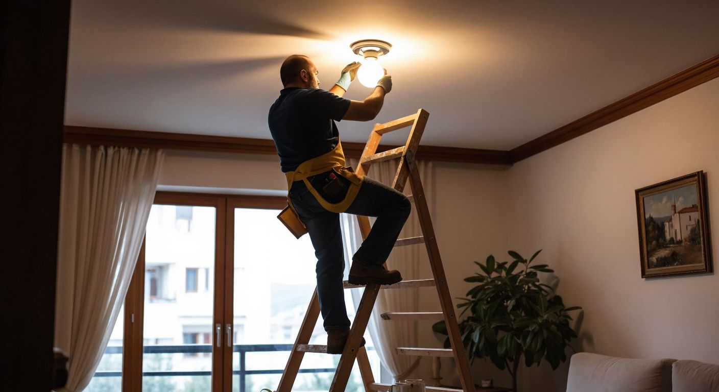 A person standing on a sturdy wooden ladder in a cozy Turkish home, carefully replacing a spotlight bulb in a ceiling fixture while wearing gloves for safety.