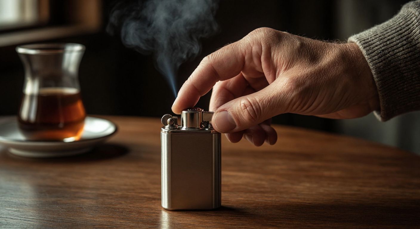 A close-up of a weathered hand carefully pressing a small metal gas canister into the refill valve of a sleek silver lighter on a wooden table, with a faint reflection of a Turkish coffee cup nearby.