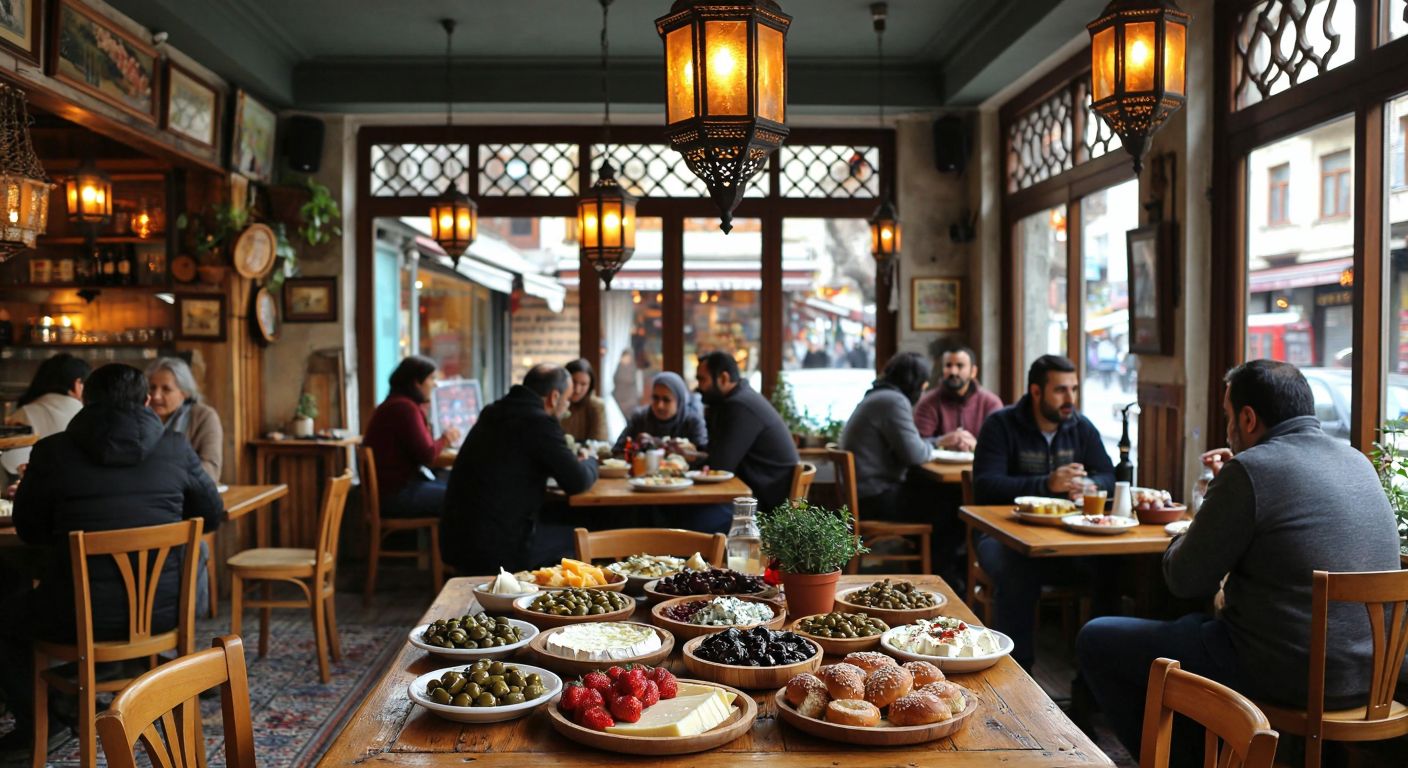 A cozy breakfast café in Istanbul's historic Fatih district, with wooden tables laden with traditional Turkish spreads like olives, cheeses, and simit, surrounded by locals chatting warmly under the soft glow of hanging lanterns.