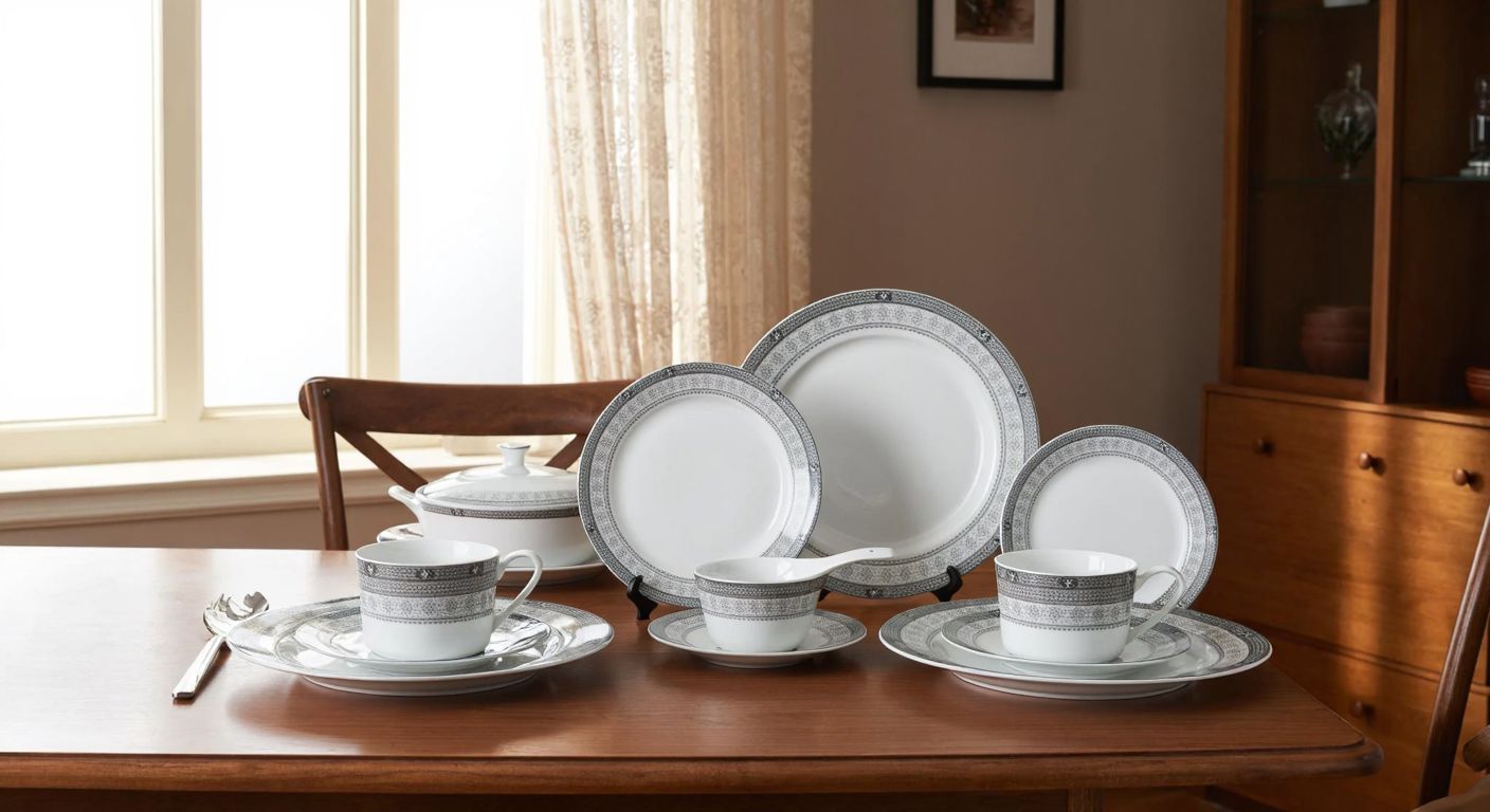 A neatly arranged 27-piece porcelain dinner set in elegant silver and white patterns, placed on a wooden dining table in a cozy Turkish home, with warm sunlight streaming through lace curtains.
