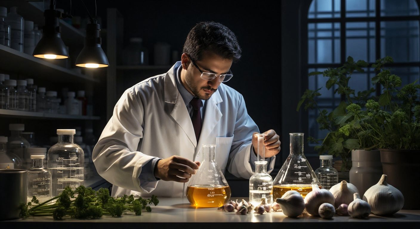 A Turkish chemist in a white lab coat examines molecular models of allil compounds under bright lab lights, surrounded by beakers, polymer samples, and fresh garlic bulbs.