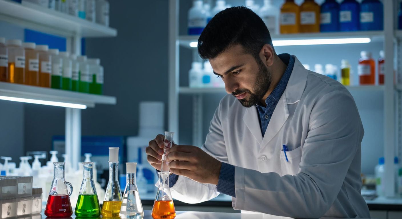 A focused Turkish chemist in a white lab coat meticulously analyzes colorful liquid samples in glass beakers under bright laboratory lights, surrounded by shelves of labeled chemicals and scientific equipment.