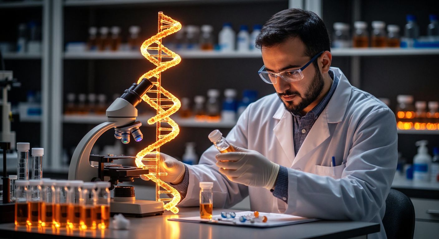 A Turkish scientist in a lab coat examines a glowing DNA strand under a microscope, surrounded by molecular models and test tubes, with a warm light symbolizing discovery.