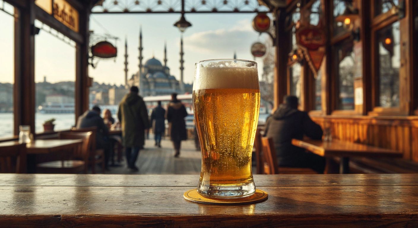 A frosty glass of golden Turkish beer sits on a wooden table in a bustling Istanbul tavern, while a distant factory with Russian architecture subtly blends into the background.