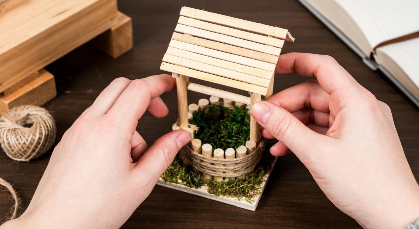 A pair of hands carefully assembling a miniature wooden well model using hobby sticks, a plastic gum container base, and burlap rope for decoration, set against a rustic wooden table in a cozy Turkish craft workshop.