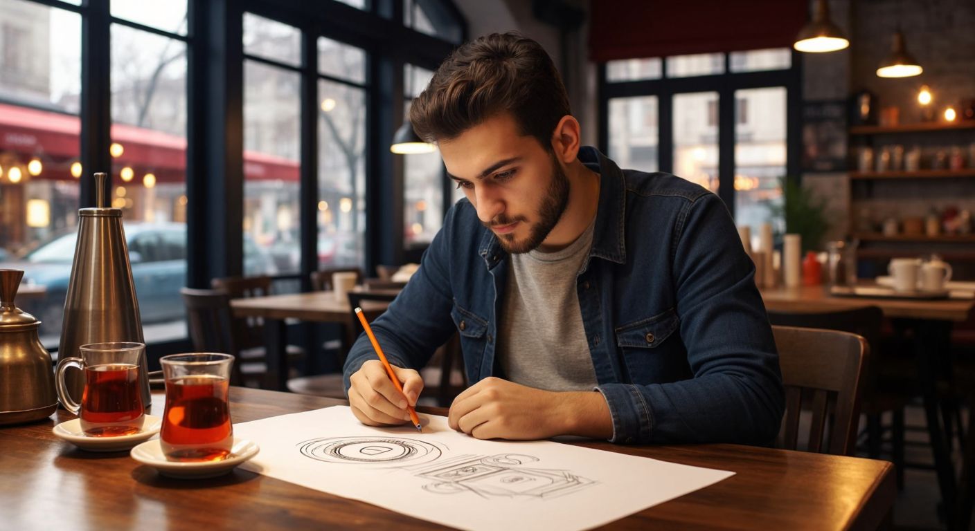 A young Turkish designer with focused eyes sketches logo ideas on a tablet in a cozy Istanbul café, surrounded by steaming cups of çay and scattered design inspiration.