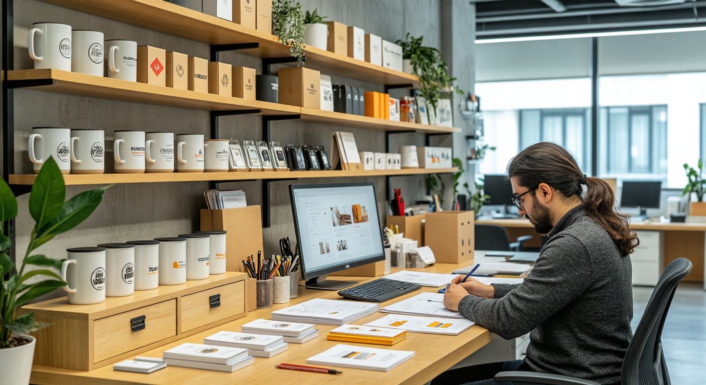 A bustling Turkish office with neatly arranged promotional items like branded mugs, keychains, and calendars on wooden shelves, while a designer sketches creative packaging ideas at a desk nearby.