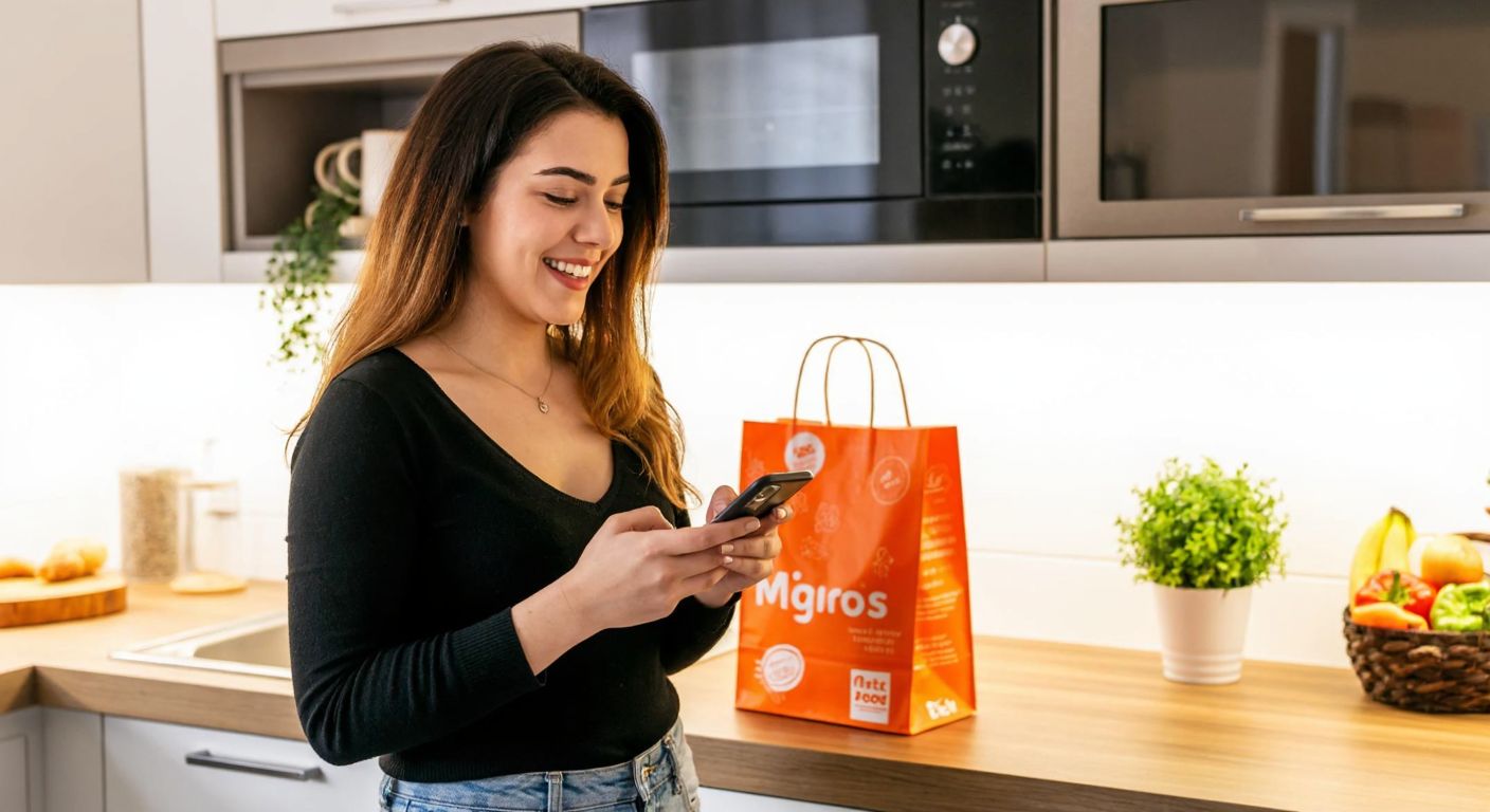 A young Turkish woman in a modern kitchen smiles while holding her smartphone, with a colorful grocery bag from Migros on the counter beside her.