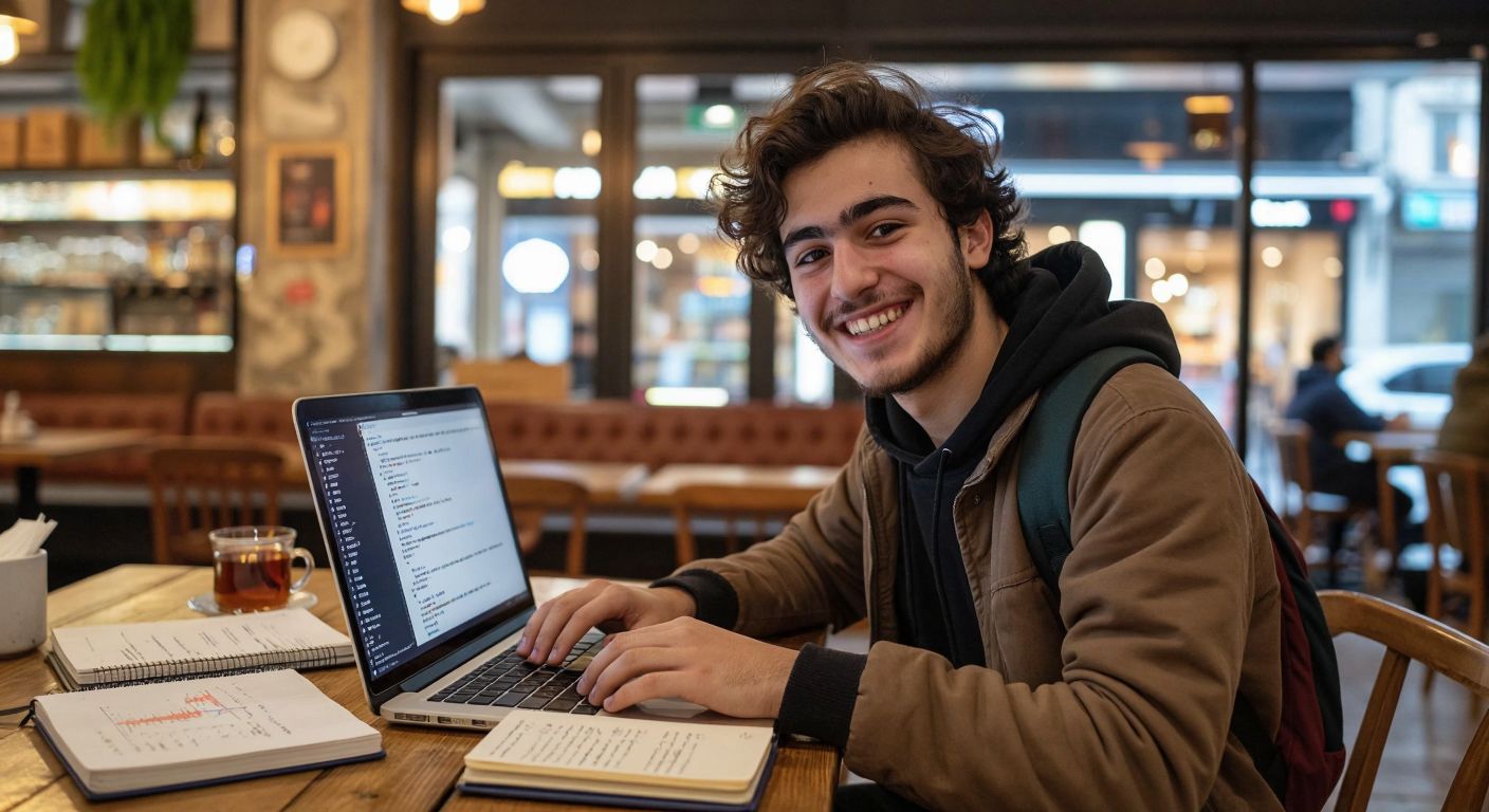 A young Turkish student smiles while typing Python code on a laptop, surrounded by open notebooks with programming diagrams, in a cozy café with a cup of Turkish tea nearby.