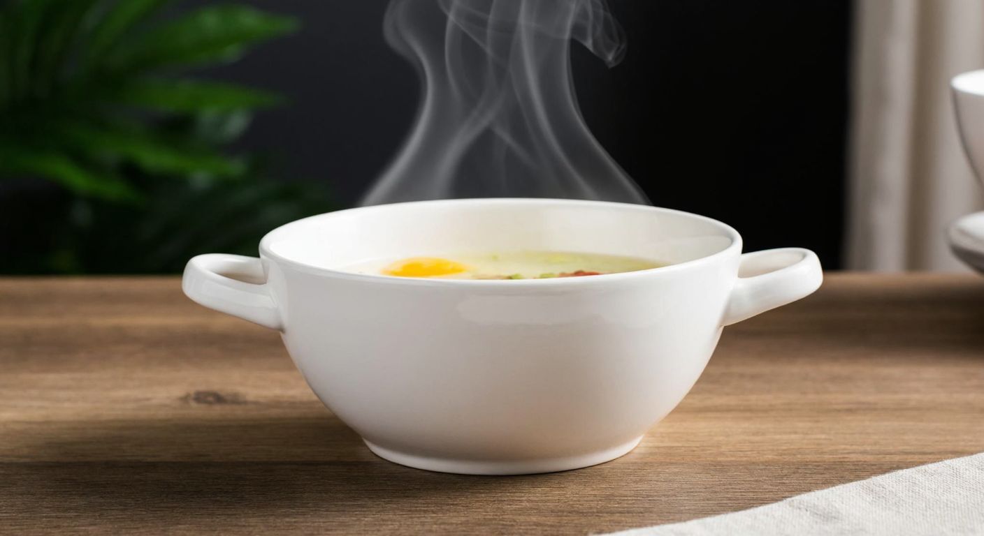 A white ceramic soup bowl with a simple, elegant design, placed on a wooden table in a cozy Turkish home, with steam rising from the warm soup inside.