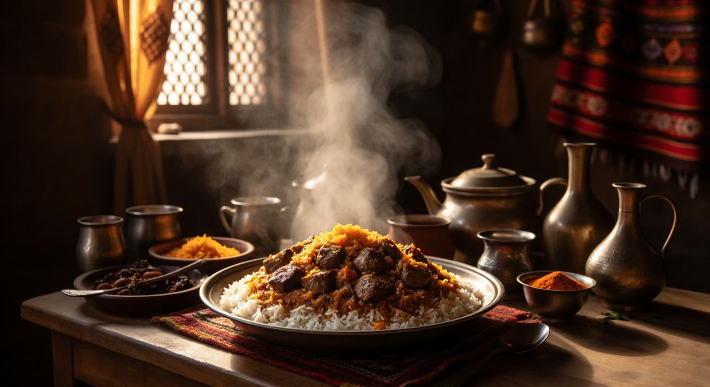 A steaming plate of golden **Ali Paşa Pilavı** with tender meat and aromatic spices, set on a rustic wooden table in a traditional Diyarbakır home, surrounded by warm light and a backdrop of handwoven kilim textiles.