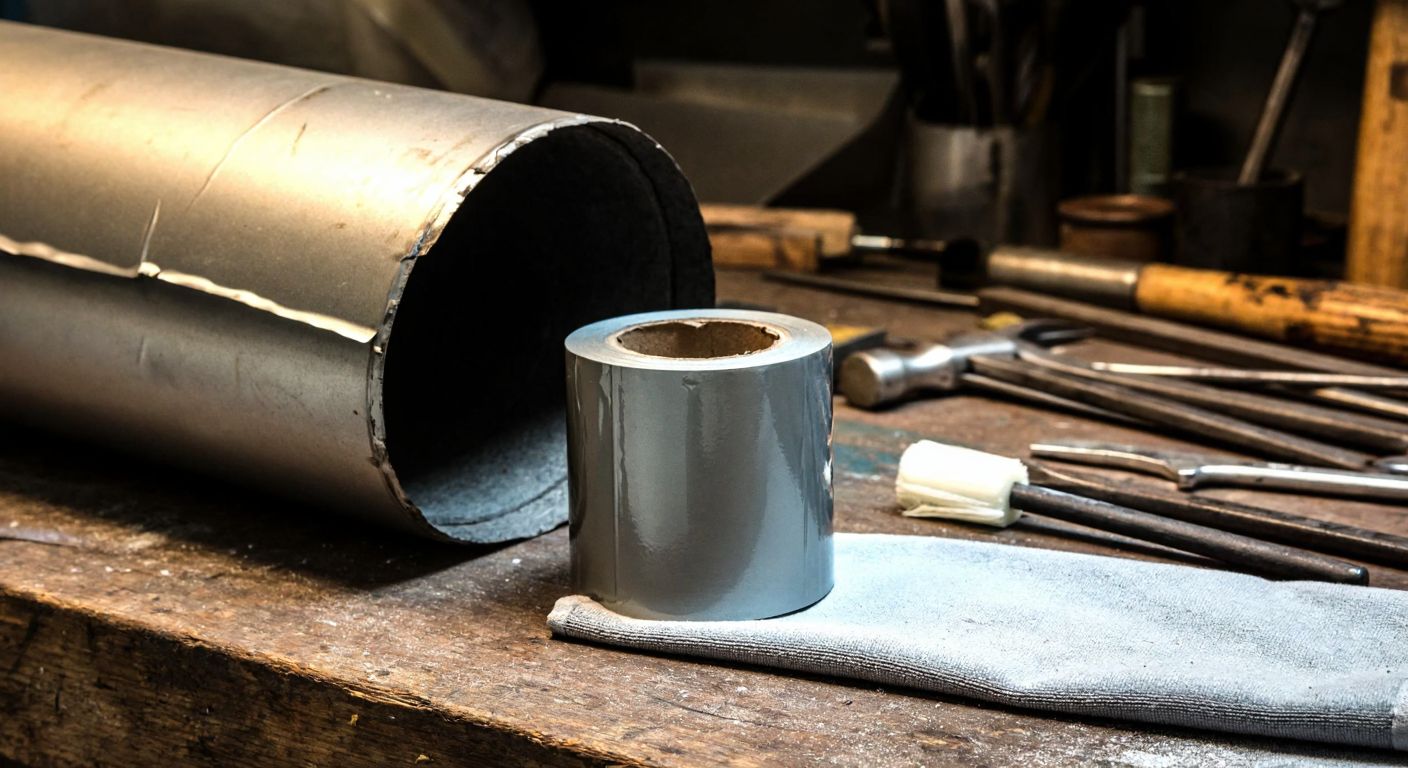 A close-up of a weathered metal surface with a sturdy patch of waterproof duct tape firmly adhered, surrounded by scattered tools and a clean cloth on a wooden workbench in a dimly lit Turkish workshop.