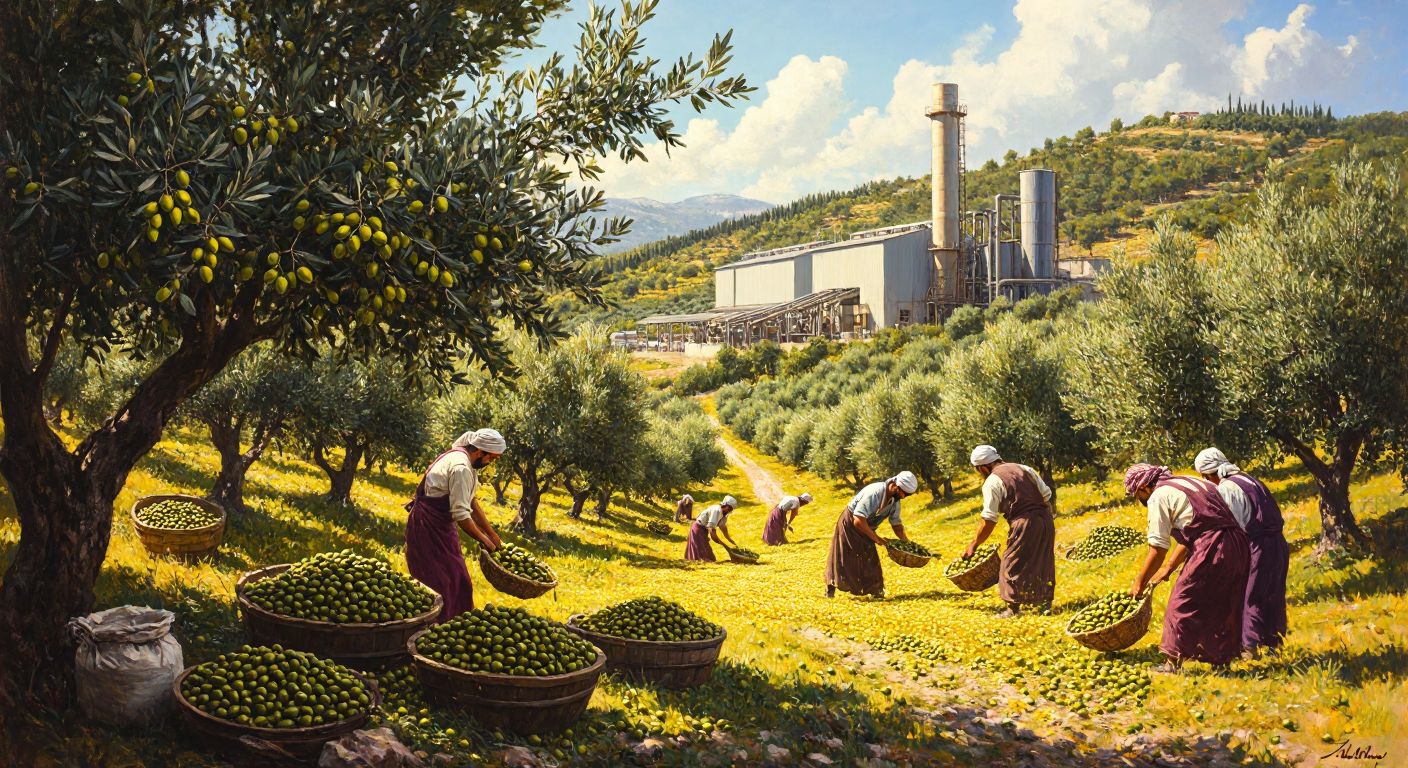 A sunlit olive grove in Turkey with workers in traditional attire harvesting ripe olives, while a modern factory in the background processes them into golden olive oil.